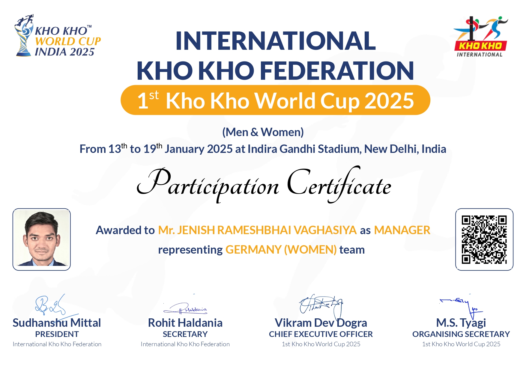 Germany Female Representative Certificate - Jenish Vaghasiya sports leadership certification